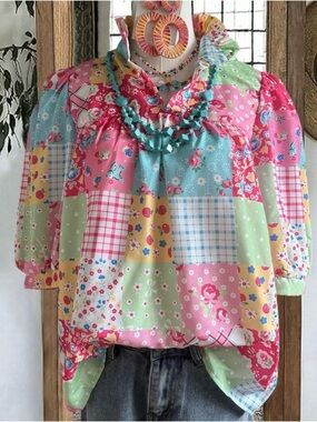 Ladies’ Patchwork Floral Peasant Top - Multicolor